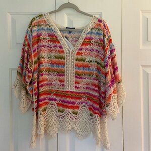 NWT DEMOCRACY 3/4 Sleeve V-Notch Neck Crochet Printed Woven Top XL MSRP $84